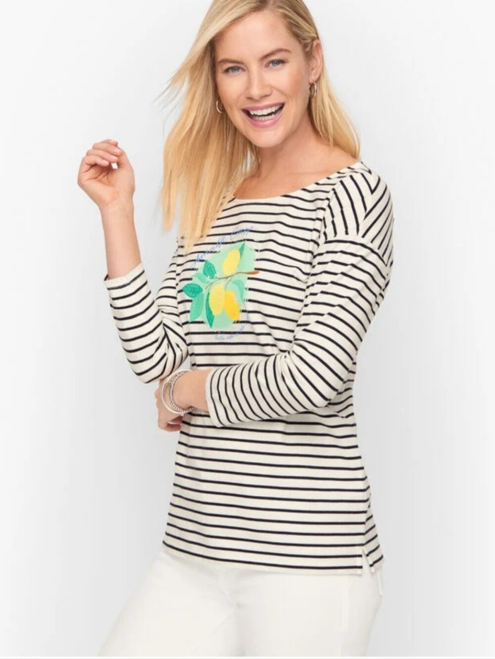 Talbots Black White Striped Lemon Amalfi Coast Womens Small Boat Neck Top Preppy